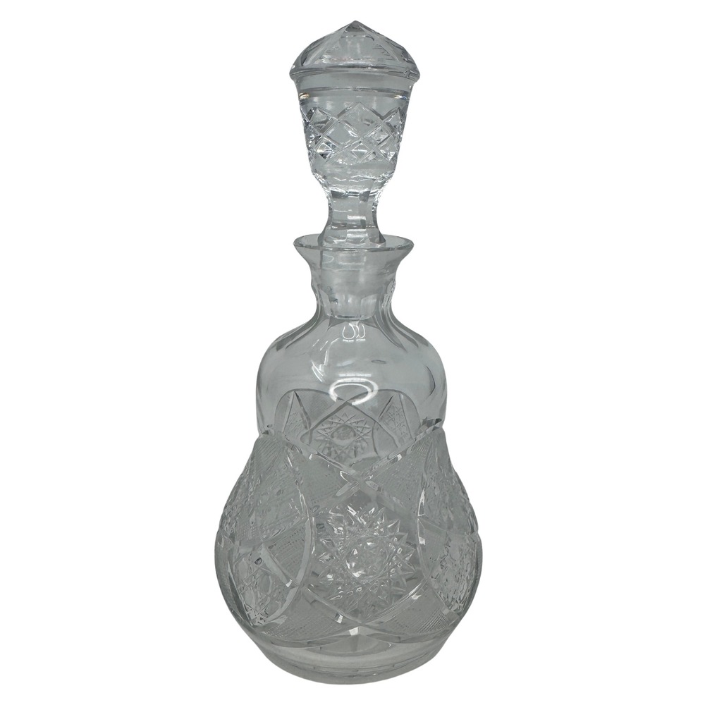 Vintage Cut Glass Crystal Decanter w Stopper‎ 10" Starburst Hobstar Barware